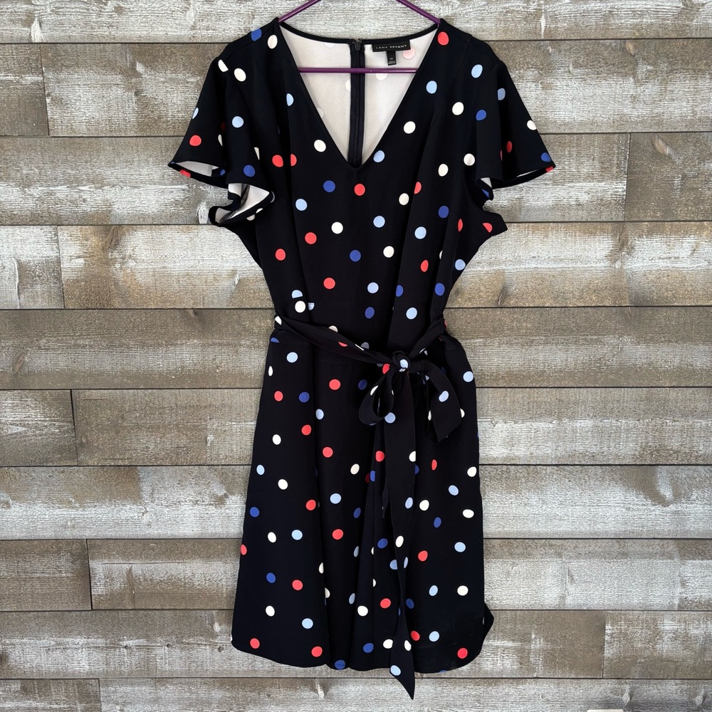Lane Bryant Navy Blue Polka Dot V‑Neck Tie‑Waist Mini Dress